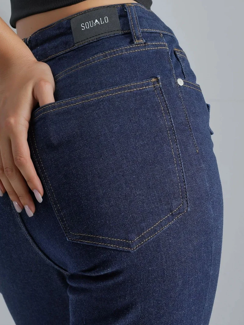 HICCUP Dark Blue Denim SQUALO Belt Detailed Flare Leg Denim Jeans for Women | Best Price UAE